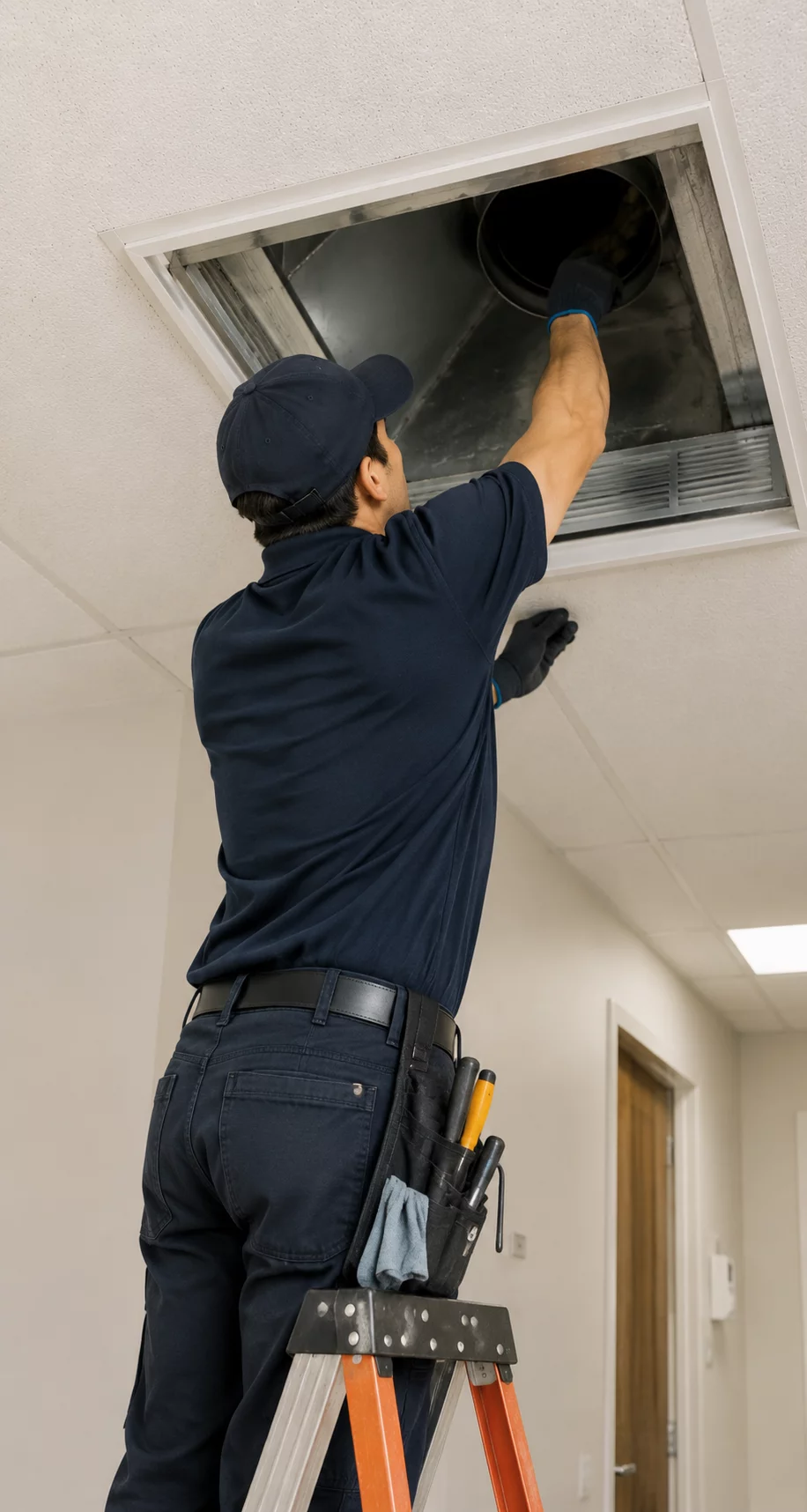 Technicien inspectant l'intérieur d'un conduit d'air au plafond d'un bureau