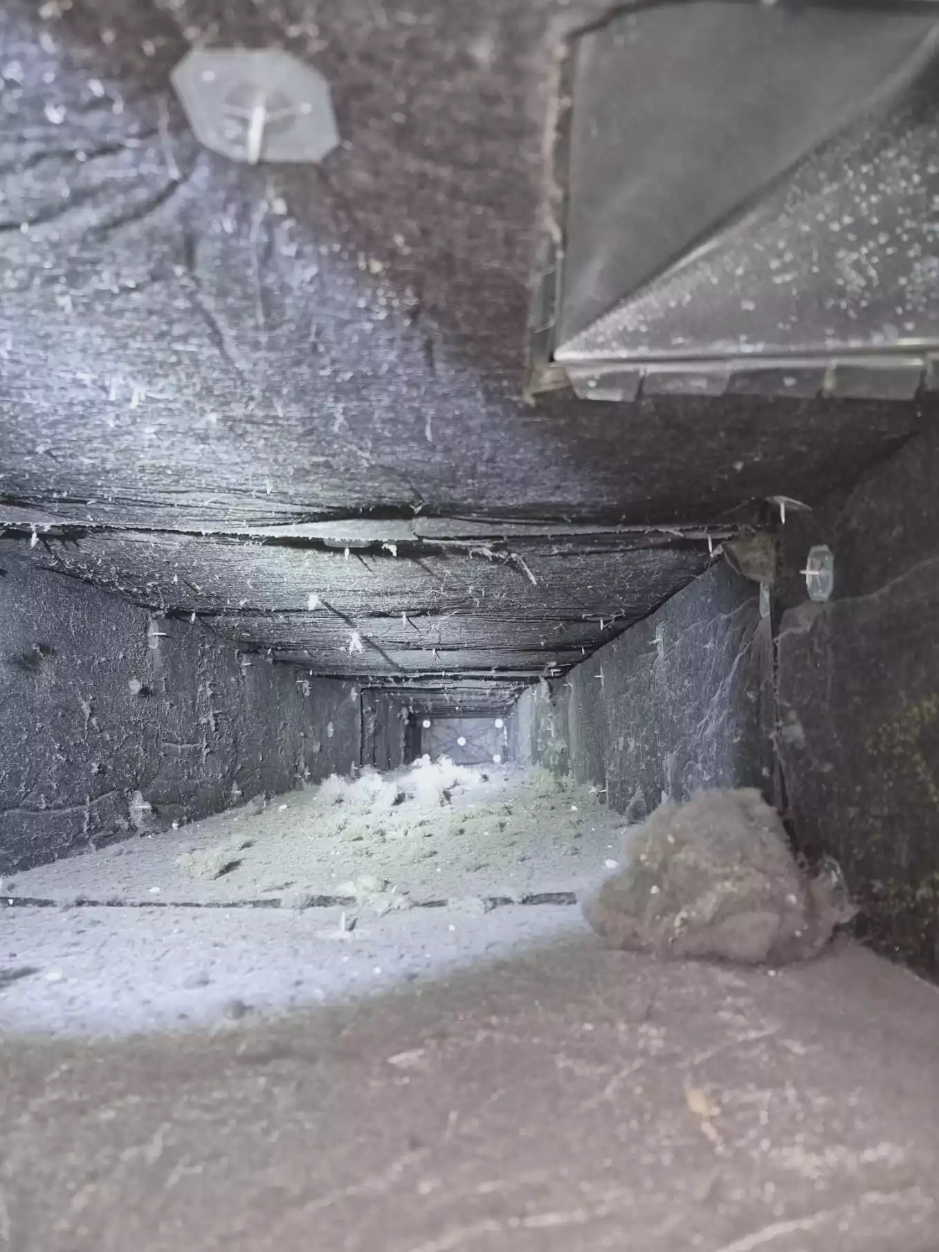 Accumulation de poussière et charpie dans un conduit résidentiel avant nettoyage