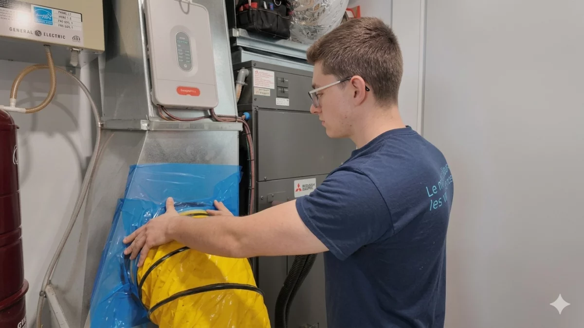 Technicien raccordant un conduit flexible à la fournaise pour nettoyage résidentiel