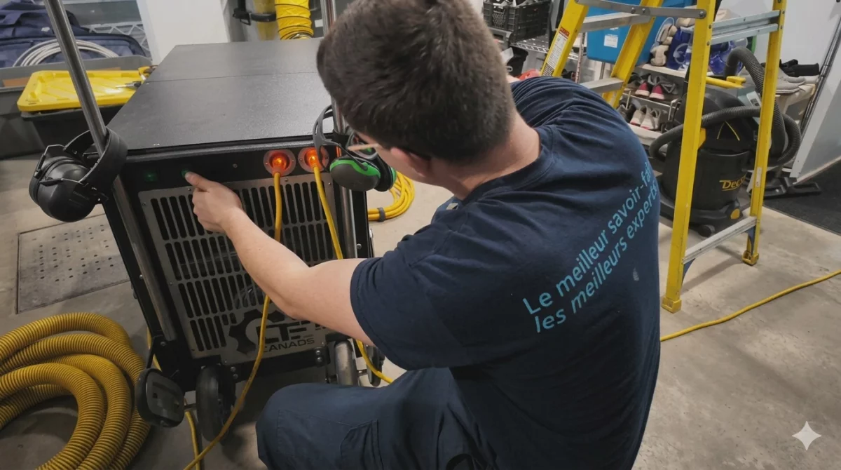 Technicien NCV réglant une unité d'aspiration mobile pour conduits d'air
